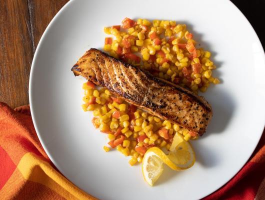 Pepper Crust Salmon w/ Creamed Corn and Bell Pepper