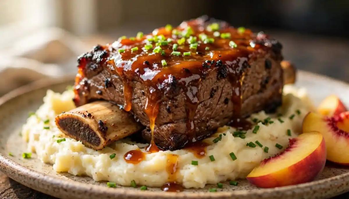 Sticky Peach BBQ Beef Short Ribs with Creamy Mashed Potatoes