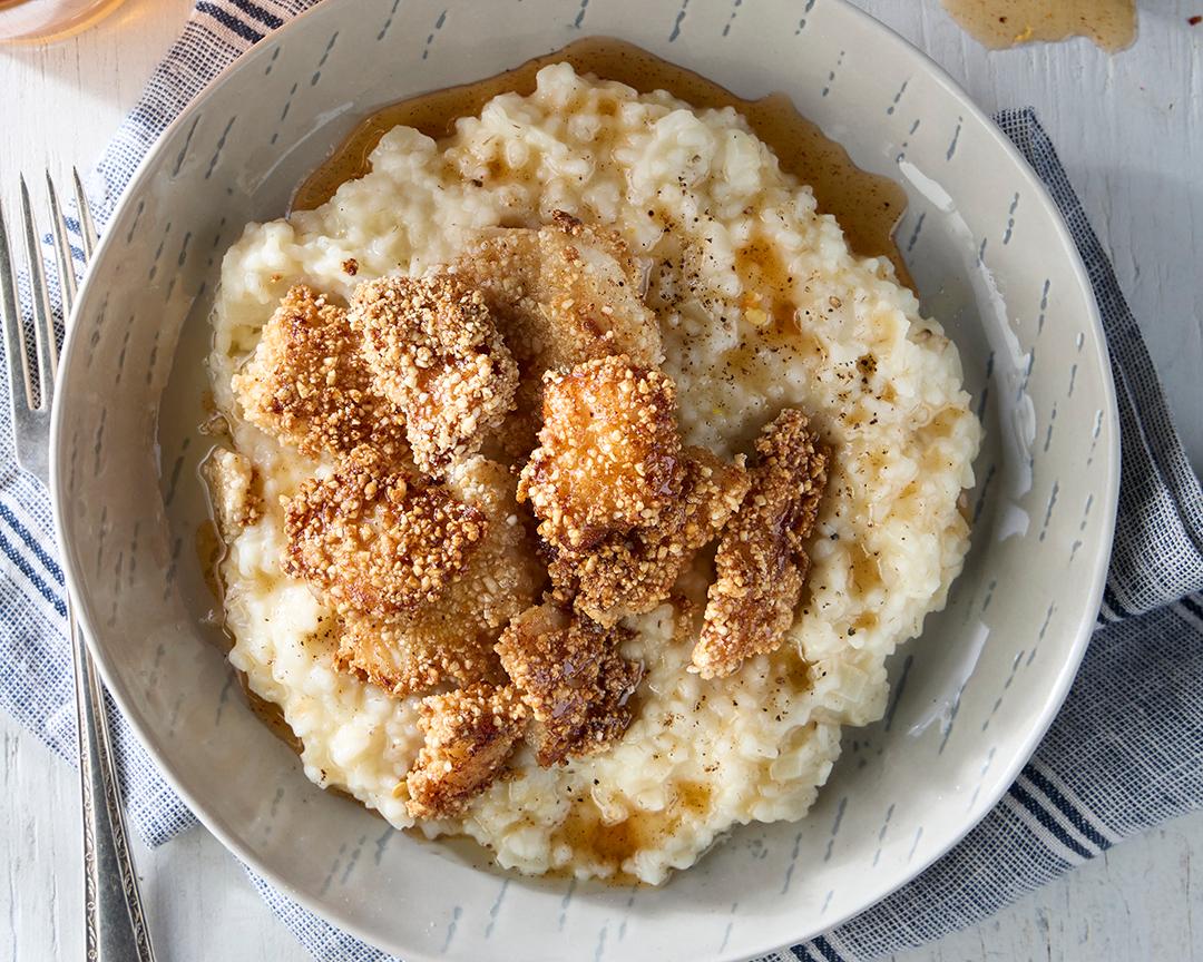 Catfish Nuggets with Rice Grits and Hot Honey