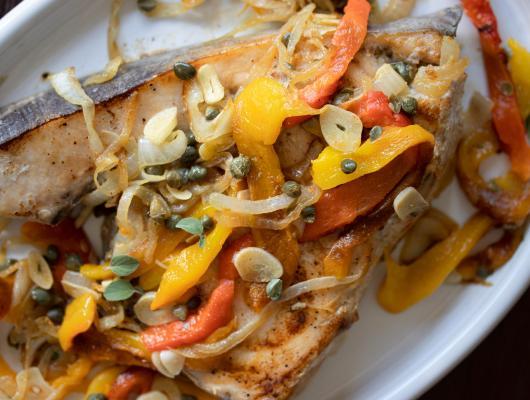 Swordfish with Onions & Roasted Bel Peppers