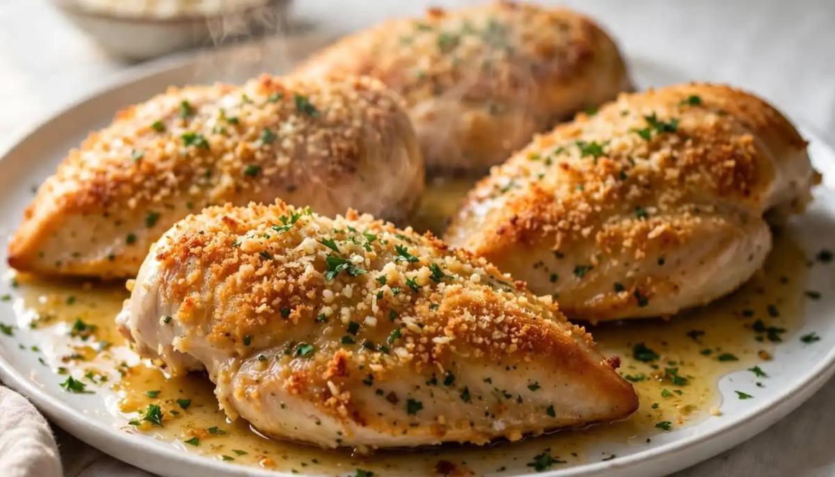 Crispy Baked Parmesan Garlic Butter Chicken Breasts
