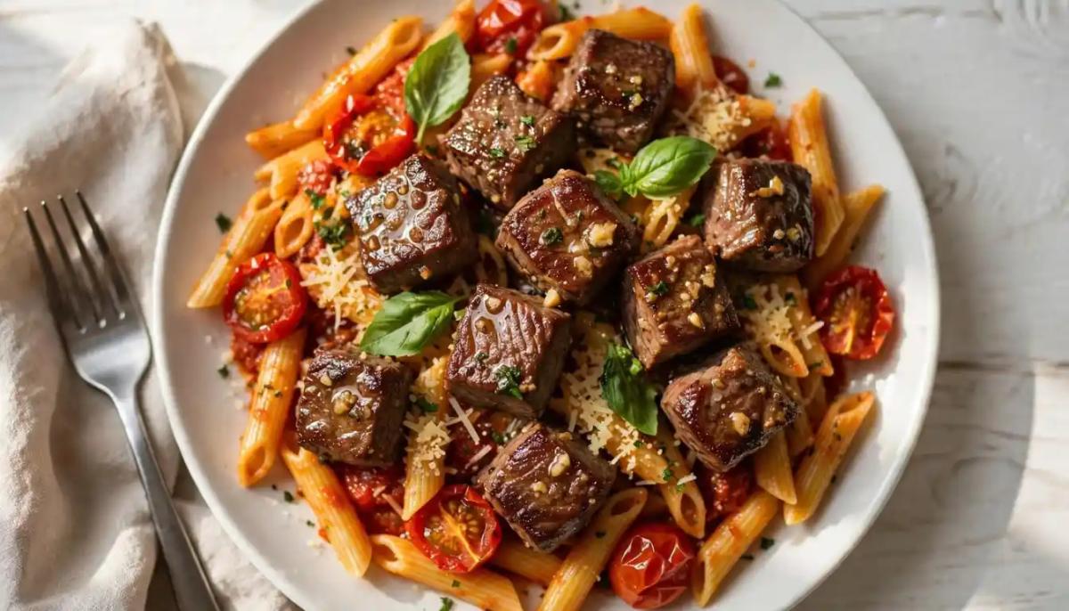 Garlic Butter Steak Bites & Tomato Penne