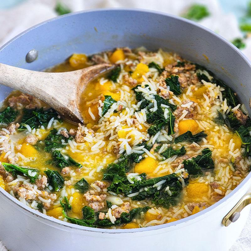 Butternut Squash, Sausage, & Rice Soup