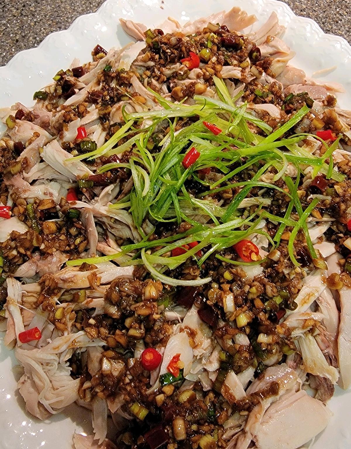 Shredded Steamed Chicken with Garlic Ginger Scallion Sauce