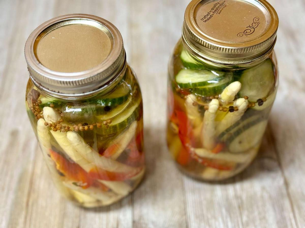Pickled White Asparagus, Cucumbers, and Peppers