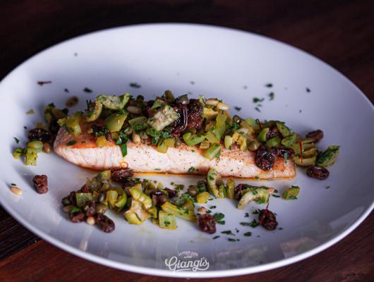 Grilled Salmon with Olives and Pine Nuts