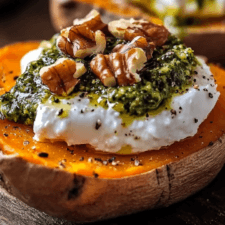 Stuffed Sweet Potatoes with Burrata, Toasted Walnuts & Sage Pesto