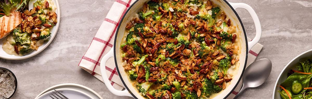 Almond Crusted White Cheddar Broccoli Gratin