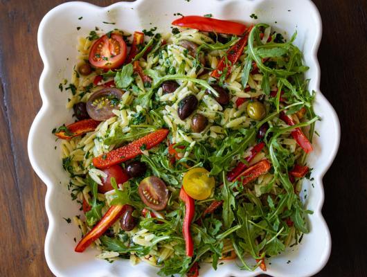 Orzo Pasta Salad With Basil Butter, Peppers, Tomatoes