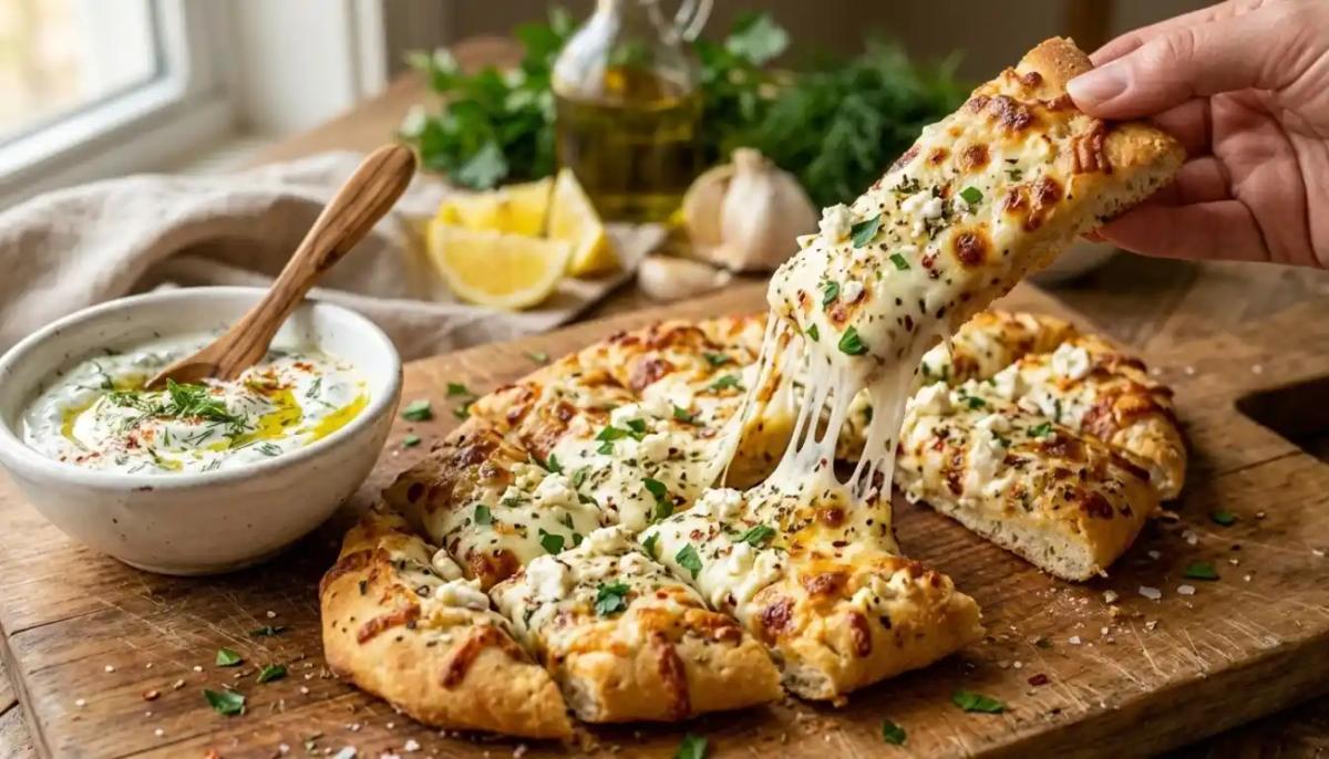 Mediterranean Cheesy Garlic Breadsticks with Yogurt Herb Dip