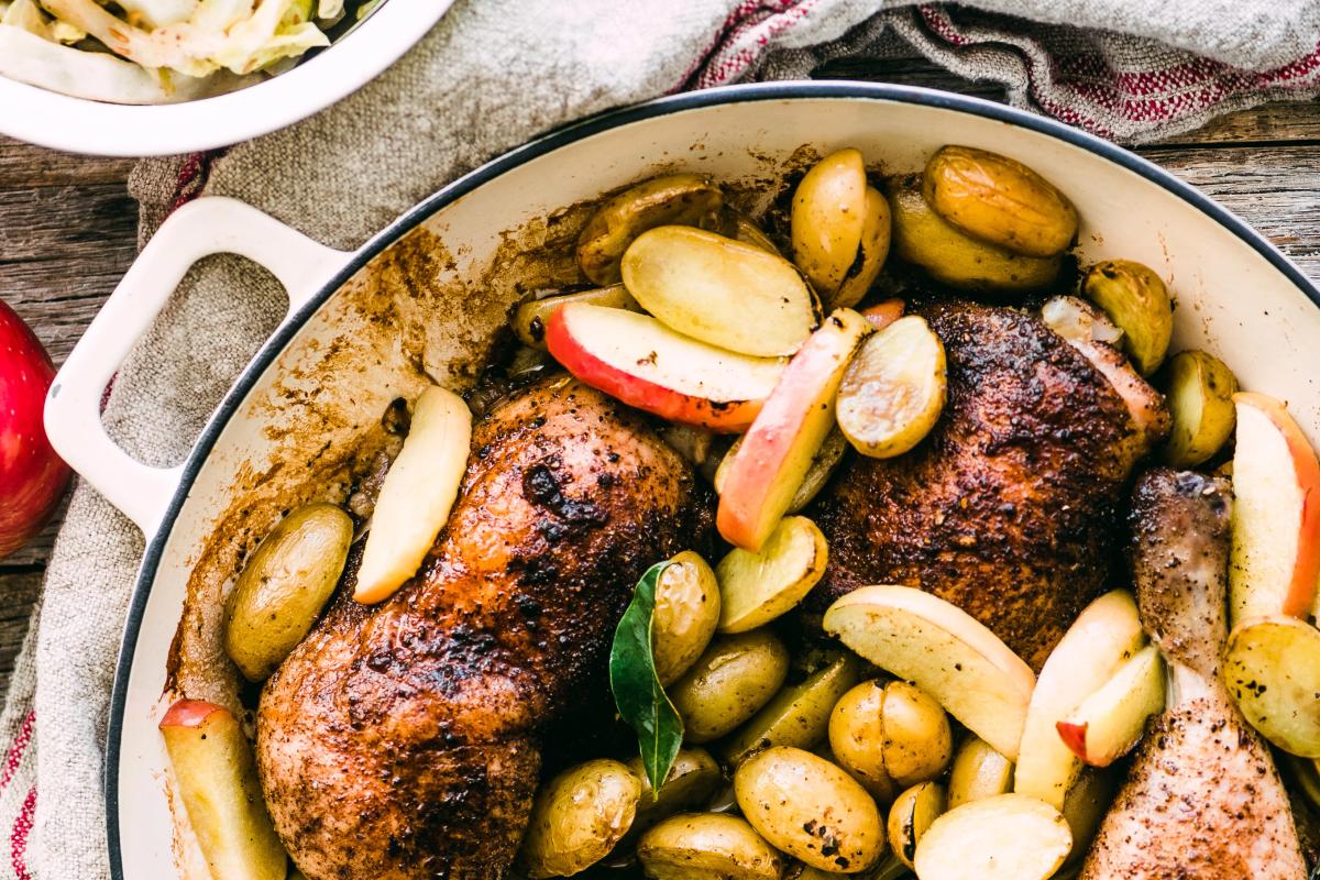 Scandinavian Roast Chicken with Potatoes, Apples, and Brown Cabbage
