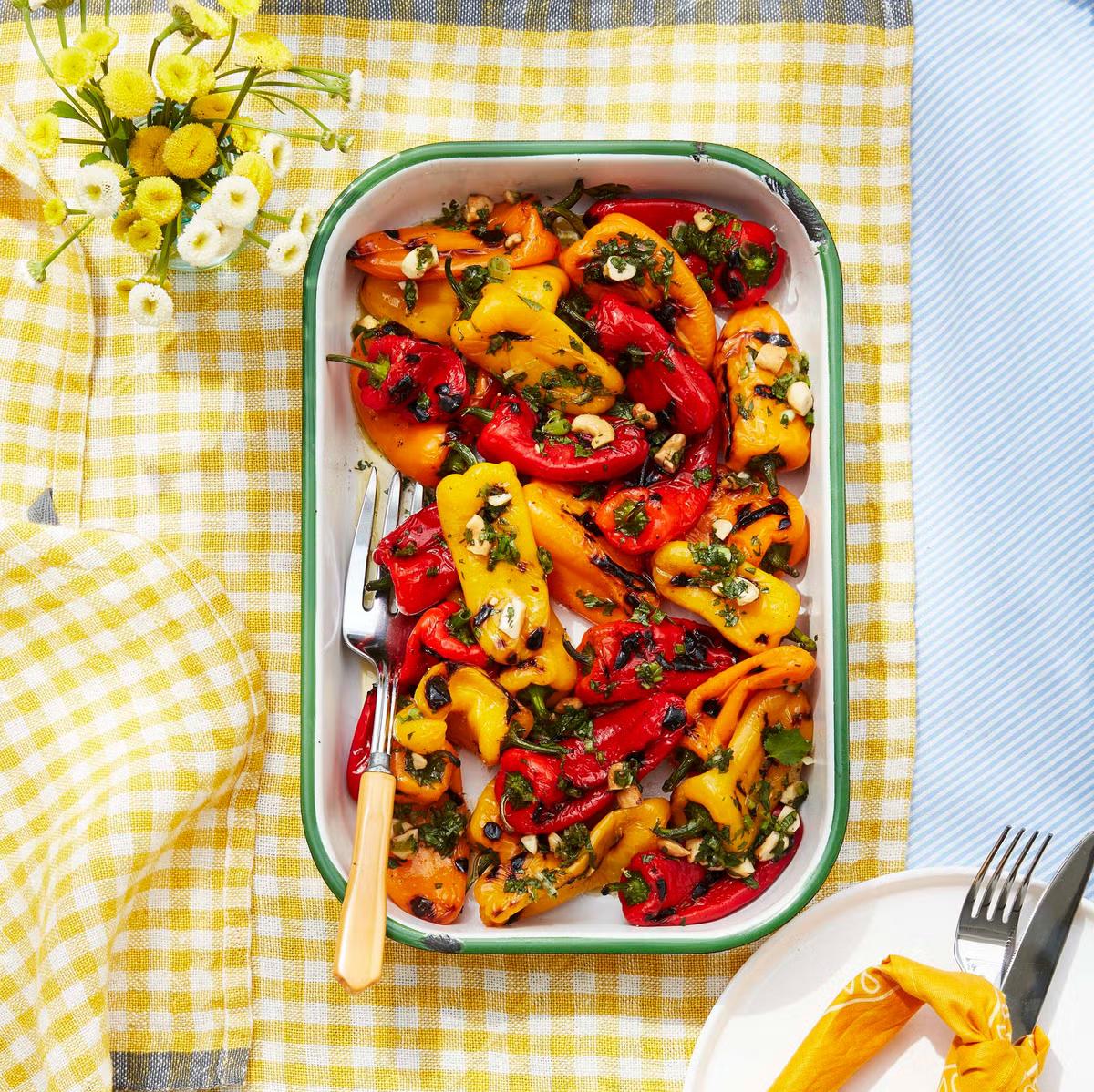 Charred Baby Peppers with Lime and Cashew Vinaigrette