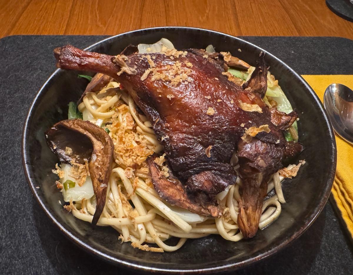 Crispy Duck Leg with Udon Noodles and Crispy Mushroms