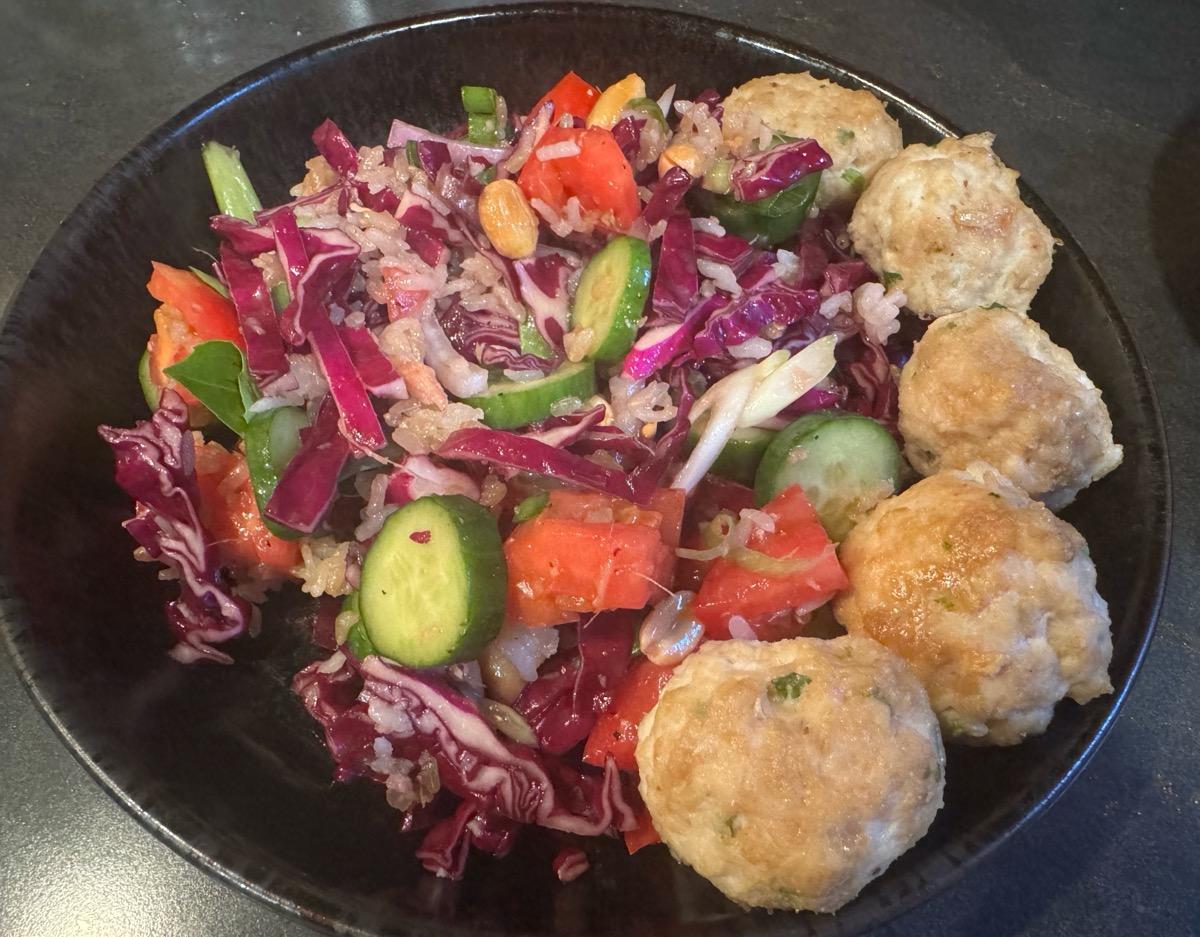 Thai Crispy Rice Salad with Chicken Meatballs