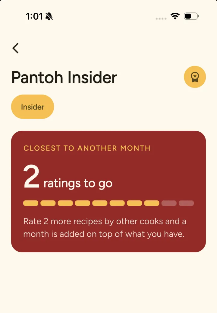 The Pantoh Insider page showing progress toward another month of Pantoh Insider from rating other cooks' recipes